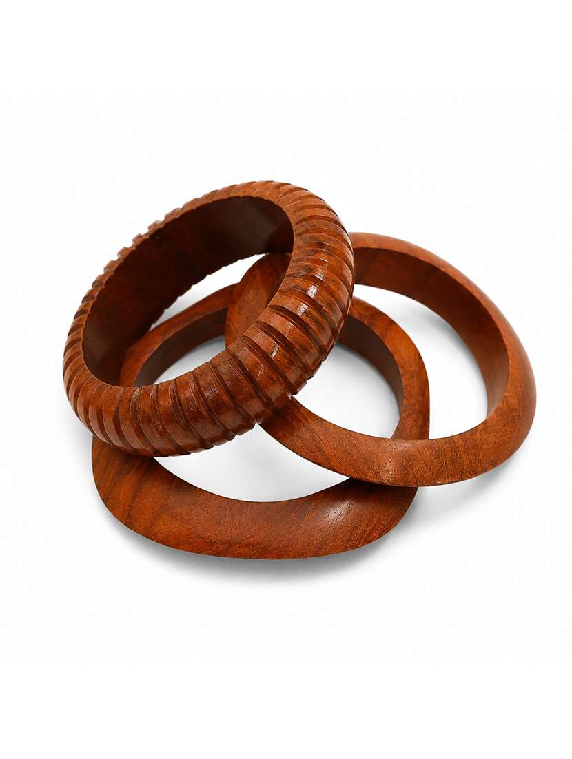 Brown Wood Carved Pattern Bangle Set - 22627804 -  Standard Image - 1