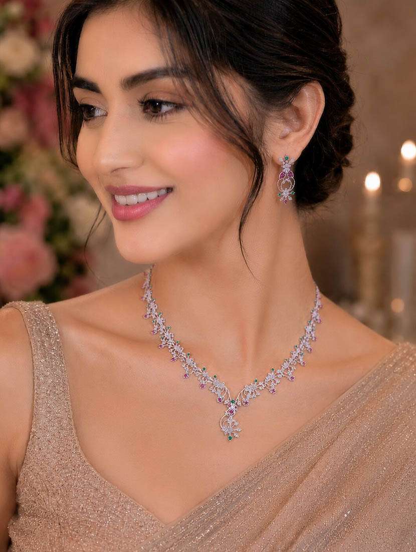 rhodium plated peacock design stone necklace set - 22627837 -  Standard Image - 1