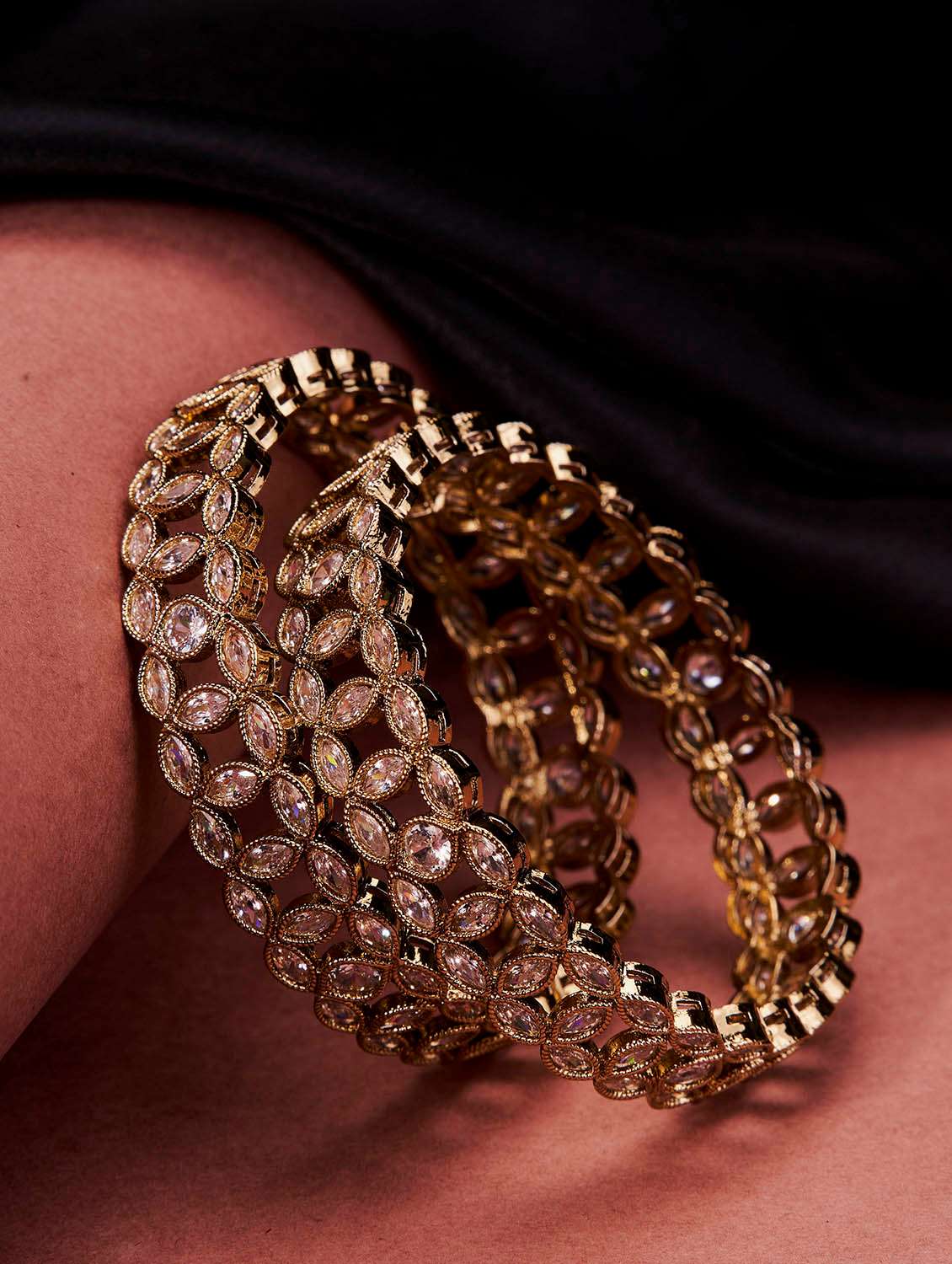 engraved oval shaped gold plated bangles