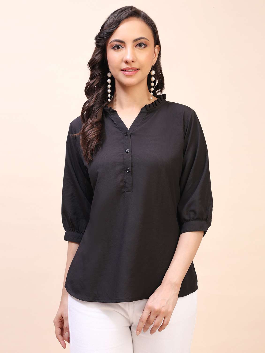 women solid three quarter sleeves regular top