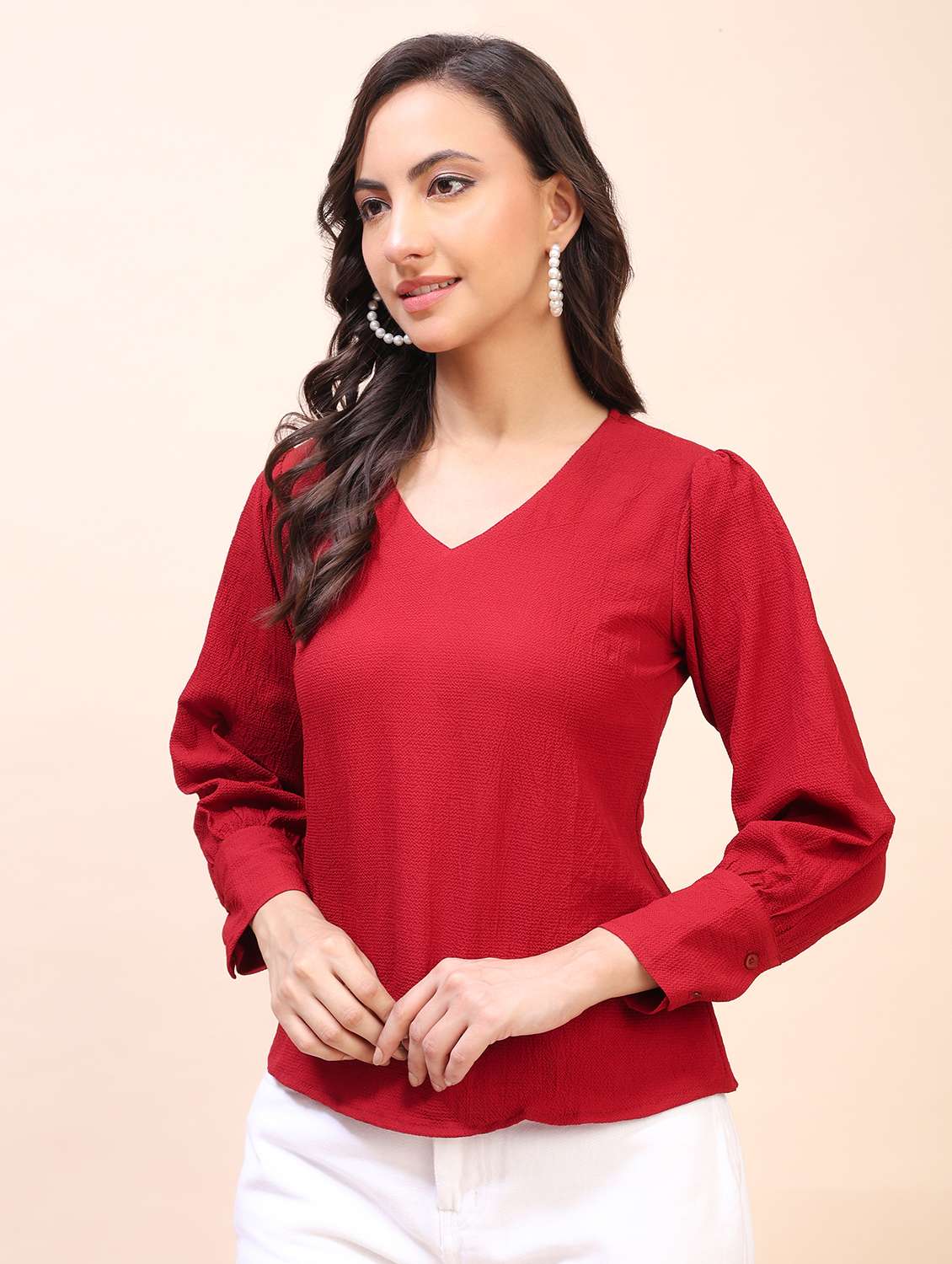 women solid three quarter sleeves regular top
