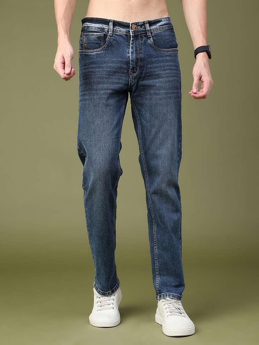 men washed mid rise full length straight jeans