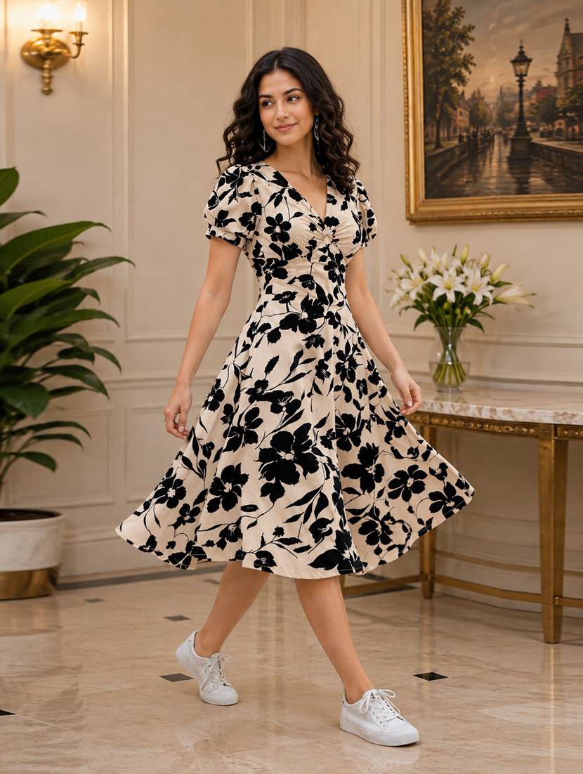Women Printed Puff Sleeves Fit And Flare Dress - 22639141 -  Standard Image - 1