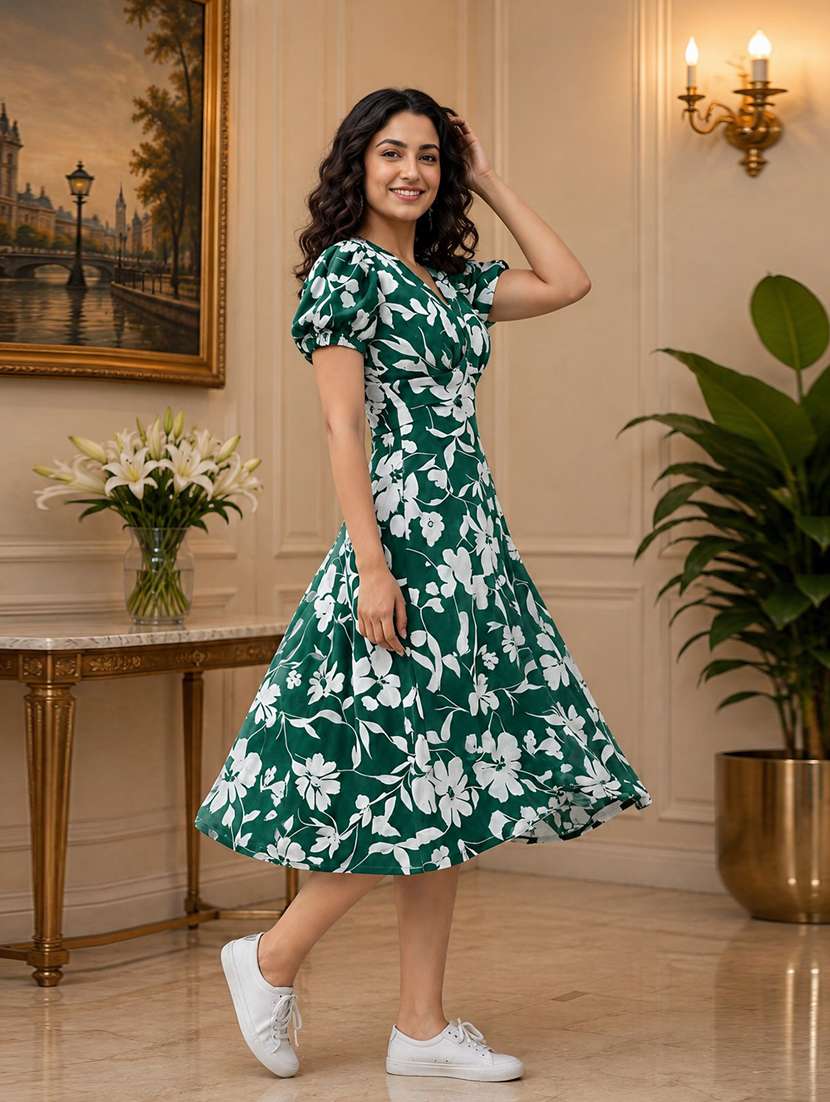 Green Polyester Fit & Flare Dress - 22639142 -  Standard Image - 1