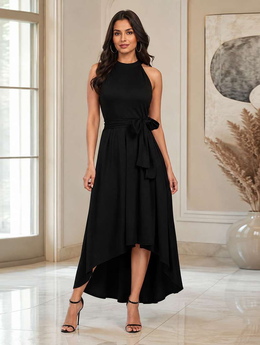 Women Solid Halter Neck High Low Dress - 22639150 -  Standard Image - 1