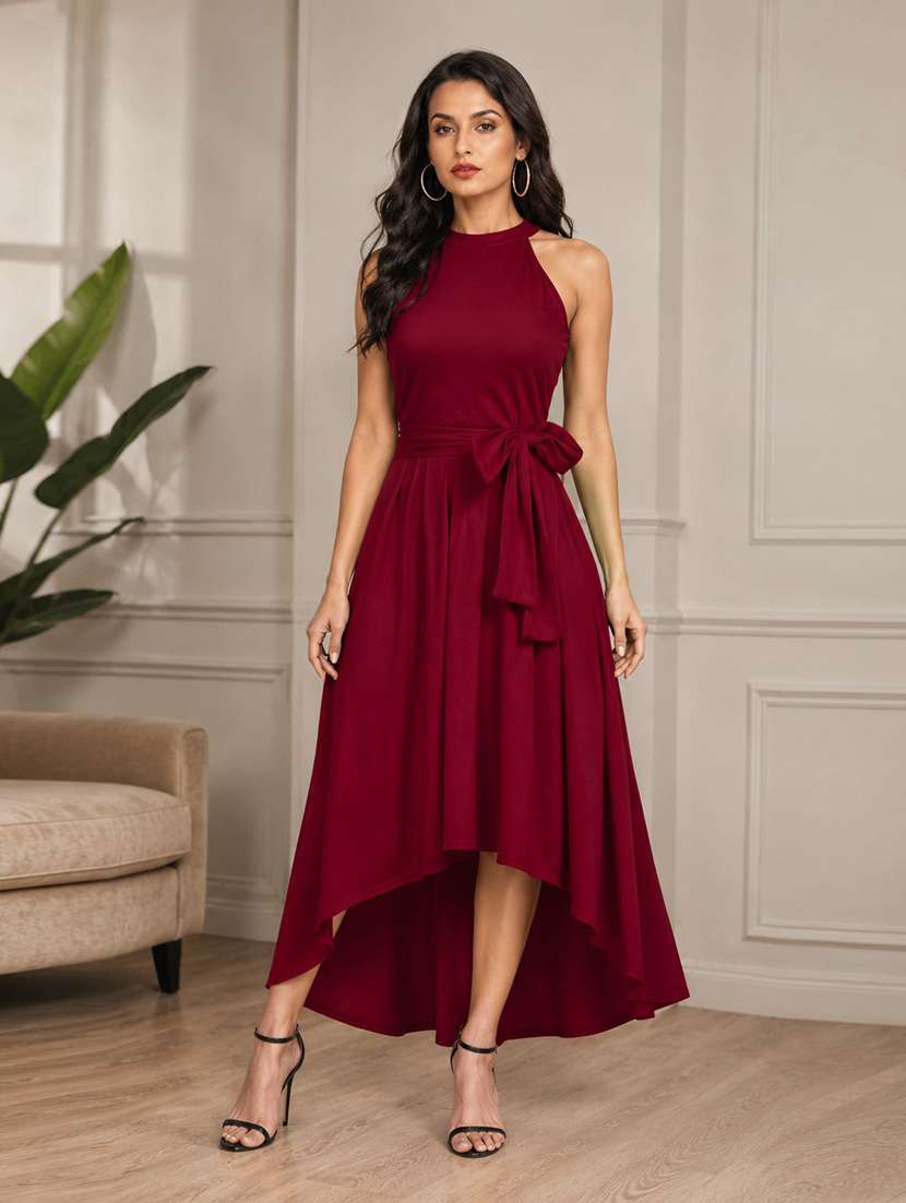 maroon polyester fit & flare dress