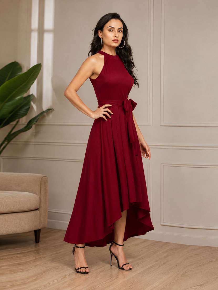 Maroon Polyester Fit & Flare Dress - 22639152 -  Standard Image - 1