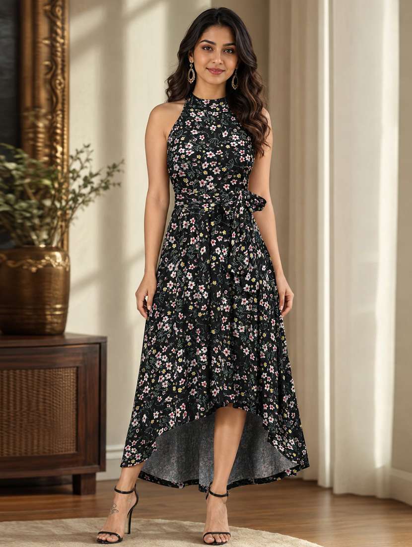 women floral printed halter neck high low dress