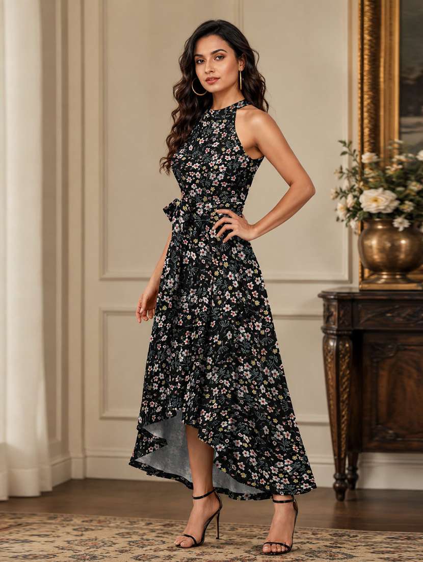 Women Floral Printed Halter Neck High Low Dress - 22639156 -  Standard Image - 1