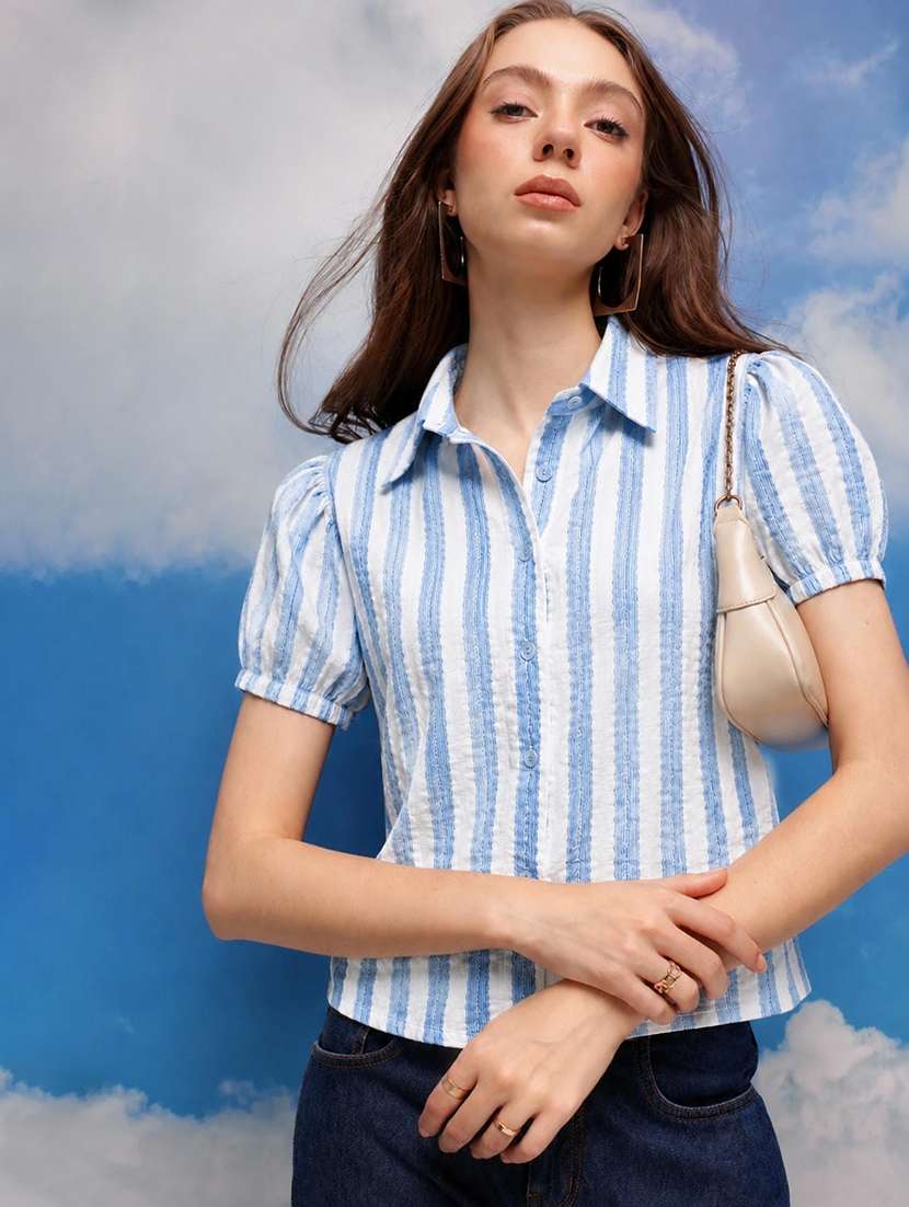 Women Striped Puff Sleeves Regular Fit Shirt - 22639250 -  Standard Image - 1