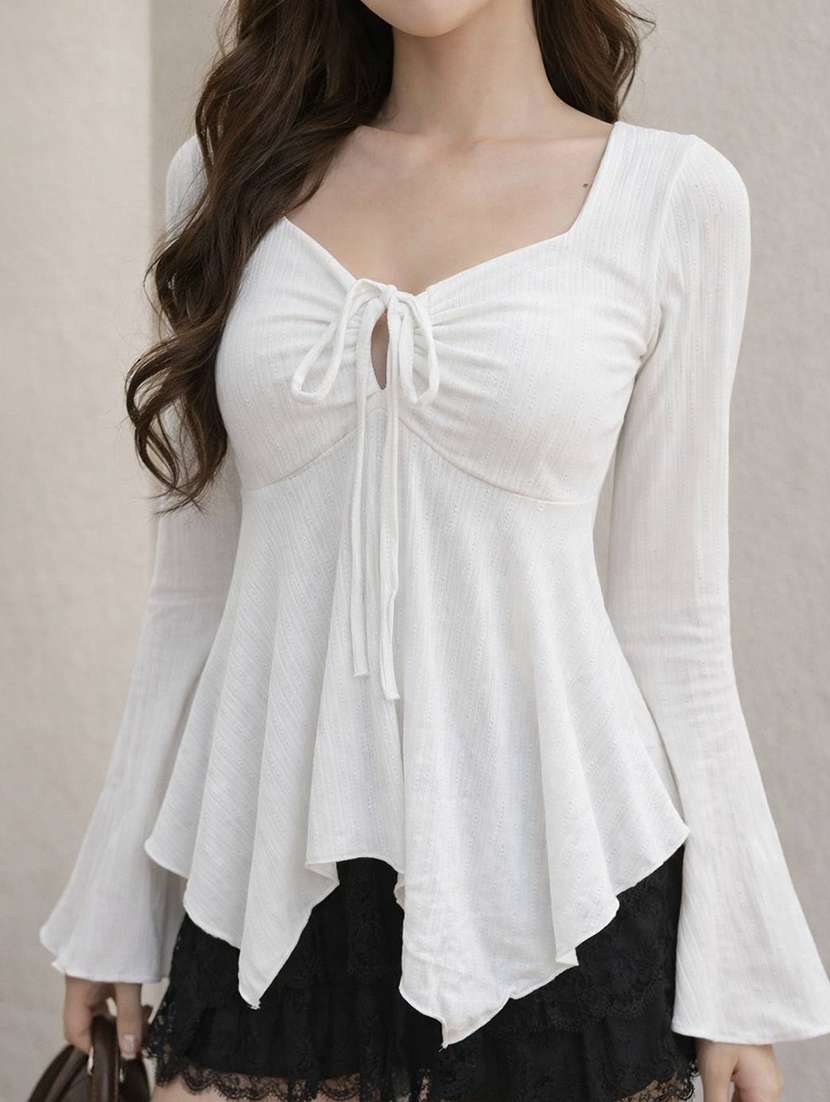 women solid long sleeves asymmetric top - 22639276 -  Standard Image - 1