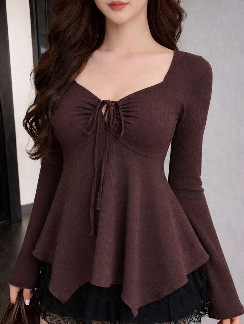 women solid long sleeves asymmetric top - 22639280 -  Standard Image - 1