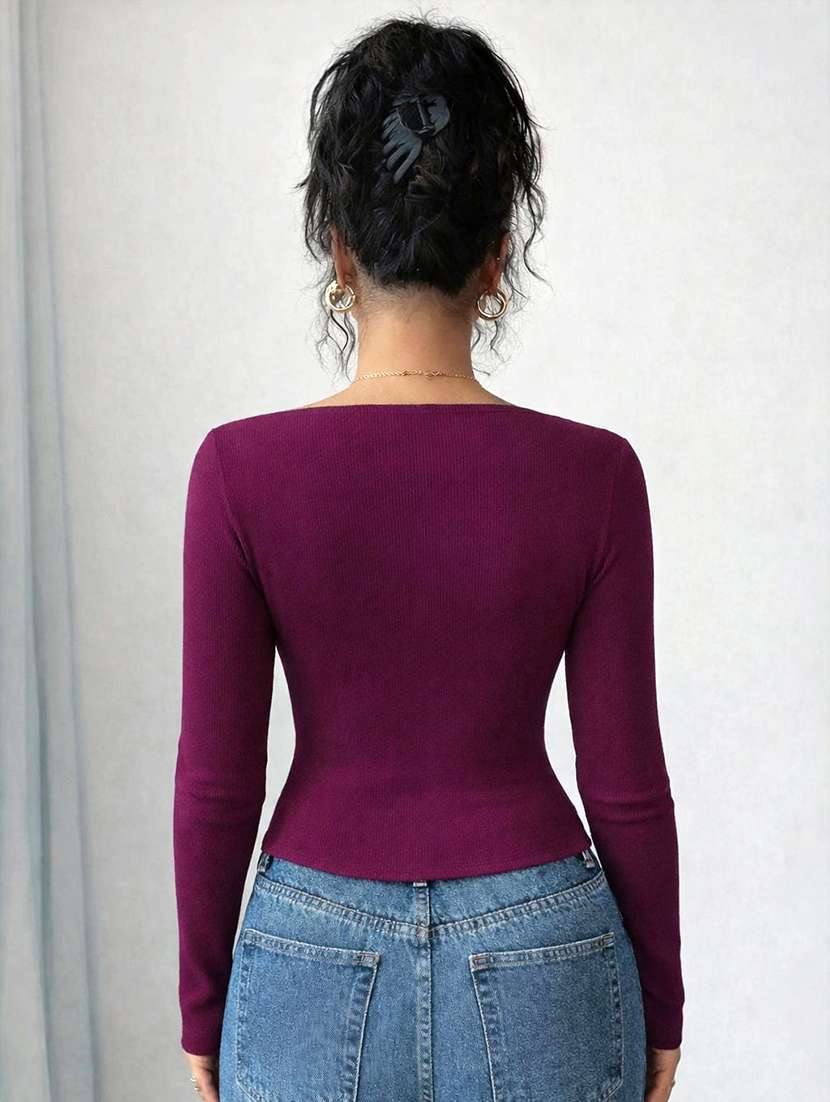 women solid long sleeves slim fit top - 22639283 -  Standard Image - 4