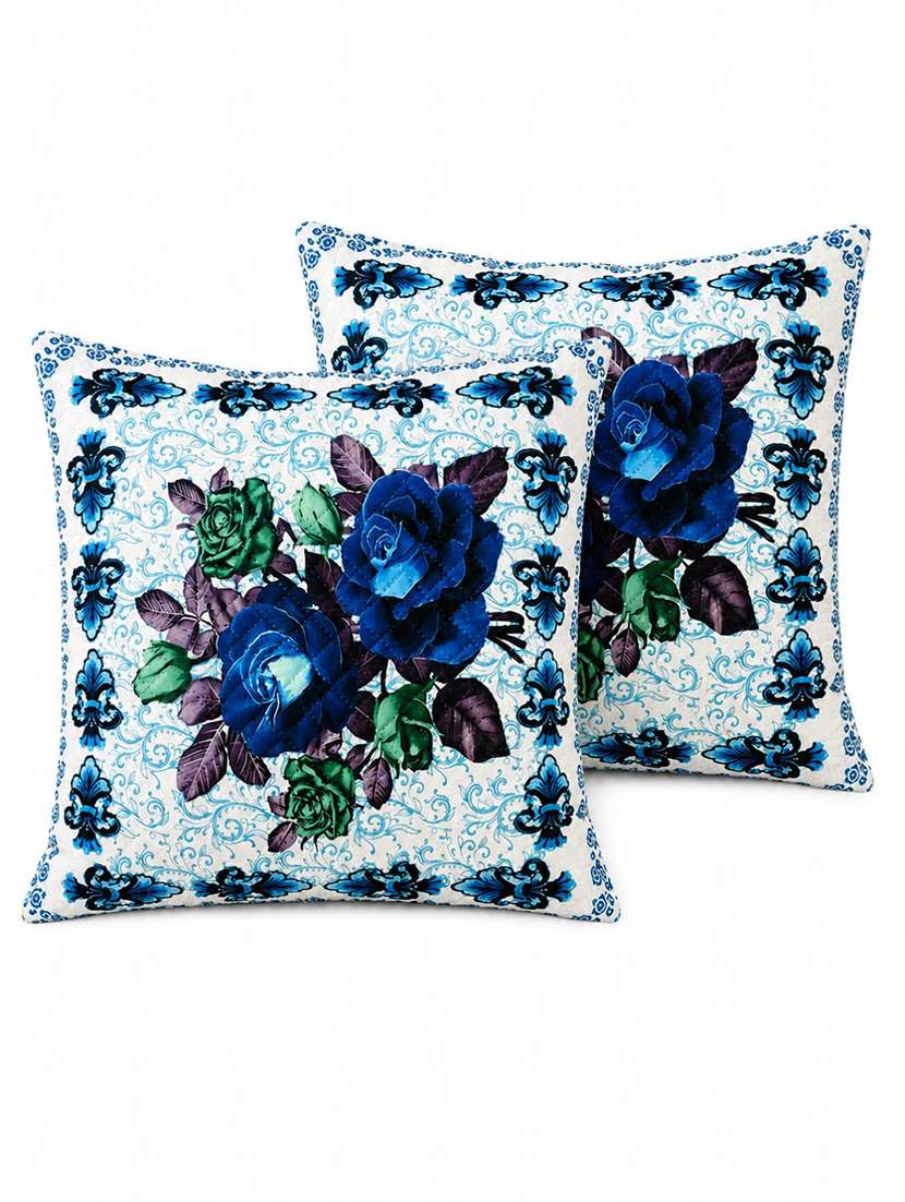 Set Of 2 Blue & Green Floral Printed Square Cushion Covers - 22639285 -  Standard Image - 1
