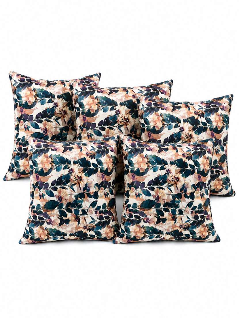 Set Of 5 Teal Blue & Blush Pink Floral Printed Square Cushion Covers - 22639298 -  Standard Image - 1