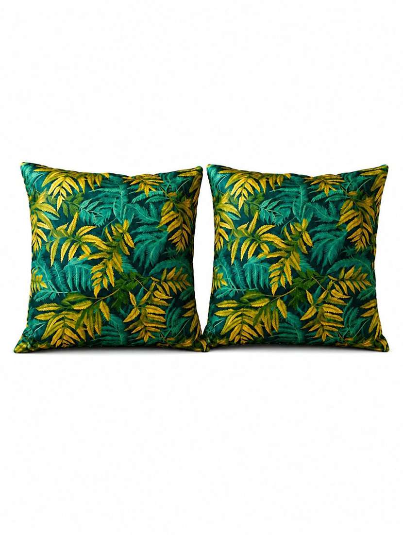 set of 2 emerald green & mustard botanical leaf printed square cushion covers - 22639303 -  Standard Image - 1