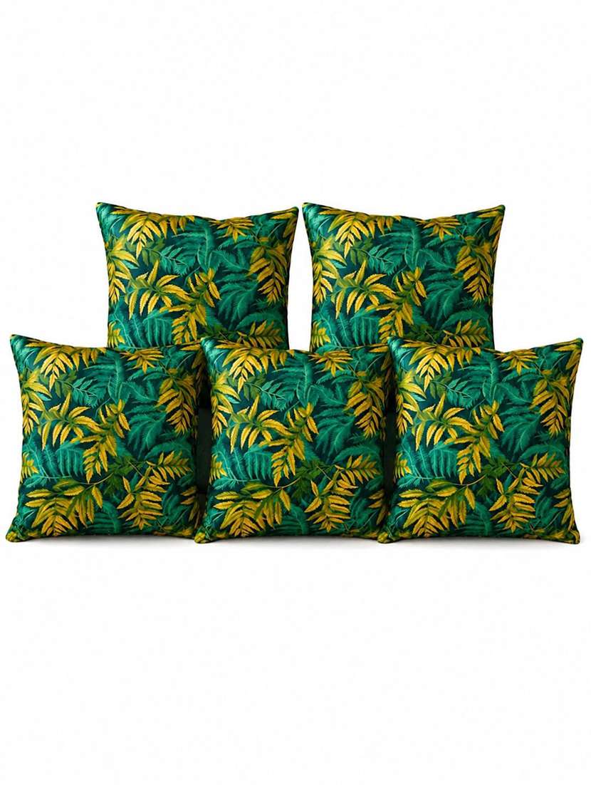 set of 5 emerald green & mustard botanical leaf printed square cushion covers - 22639304 -  Standard Image - 1