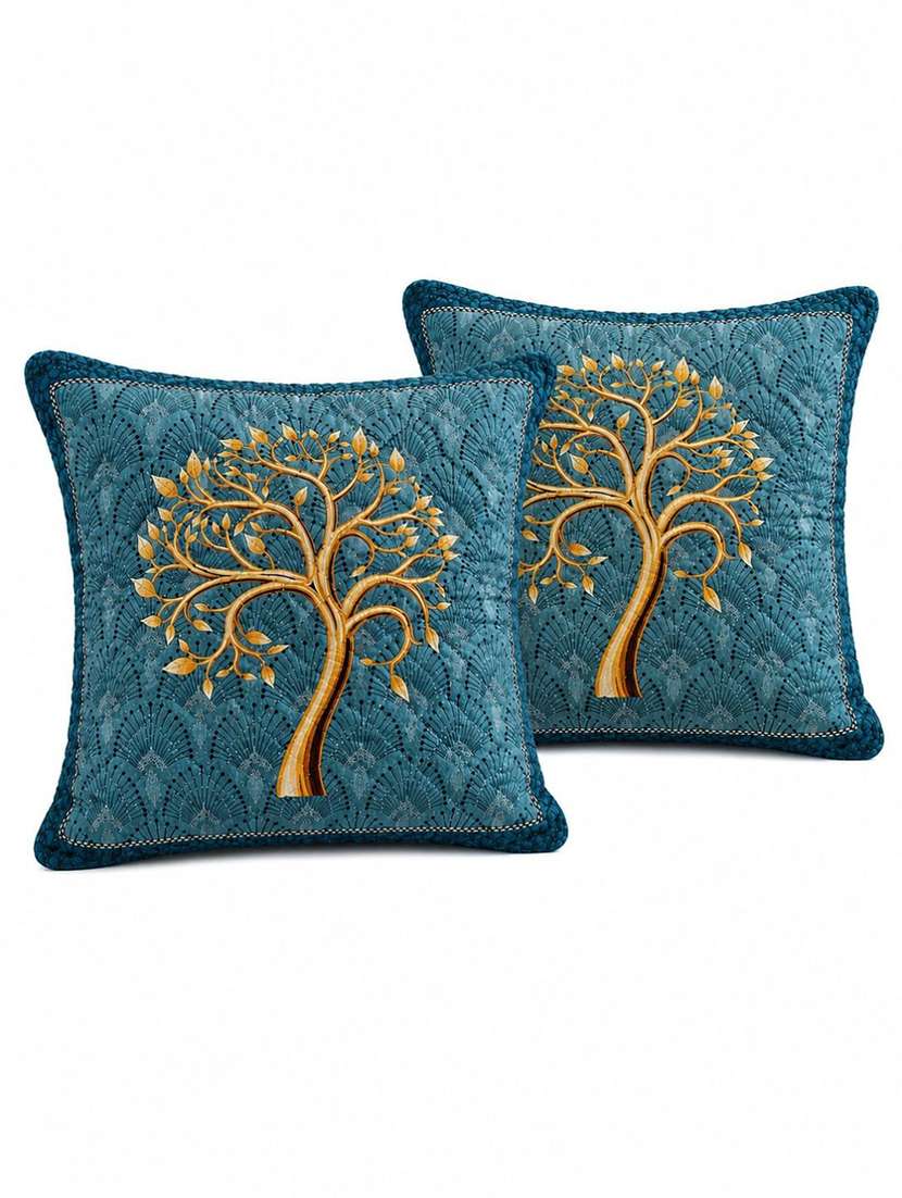 set of 2 teal blue printed square cushion covers with gold tree motif - 22639306 -  Standard Image - 1