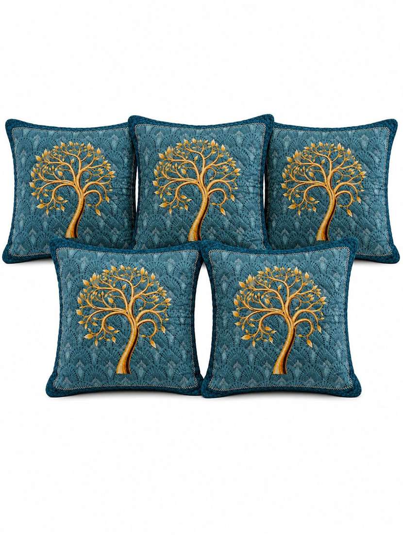 set of 5 teal blue printed square cushion covers with gold tree motif - 22639307 -  Standard Image - 1