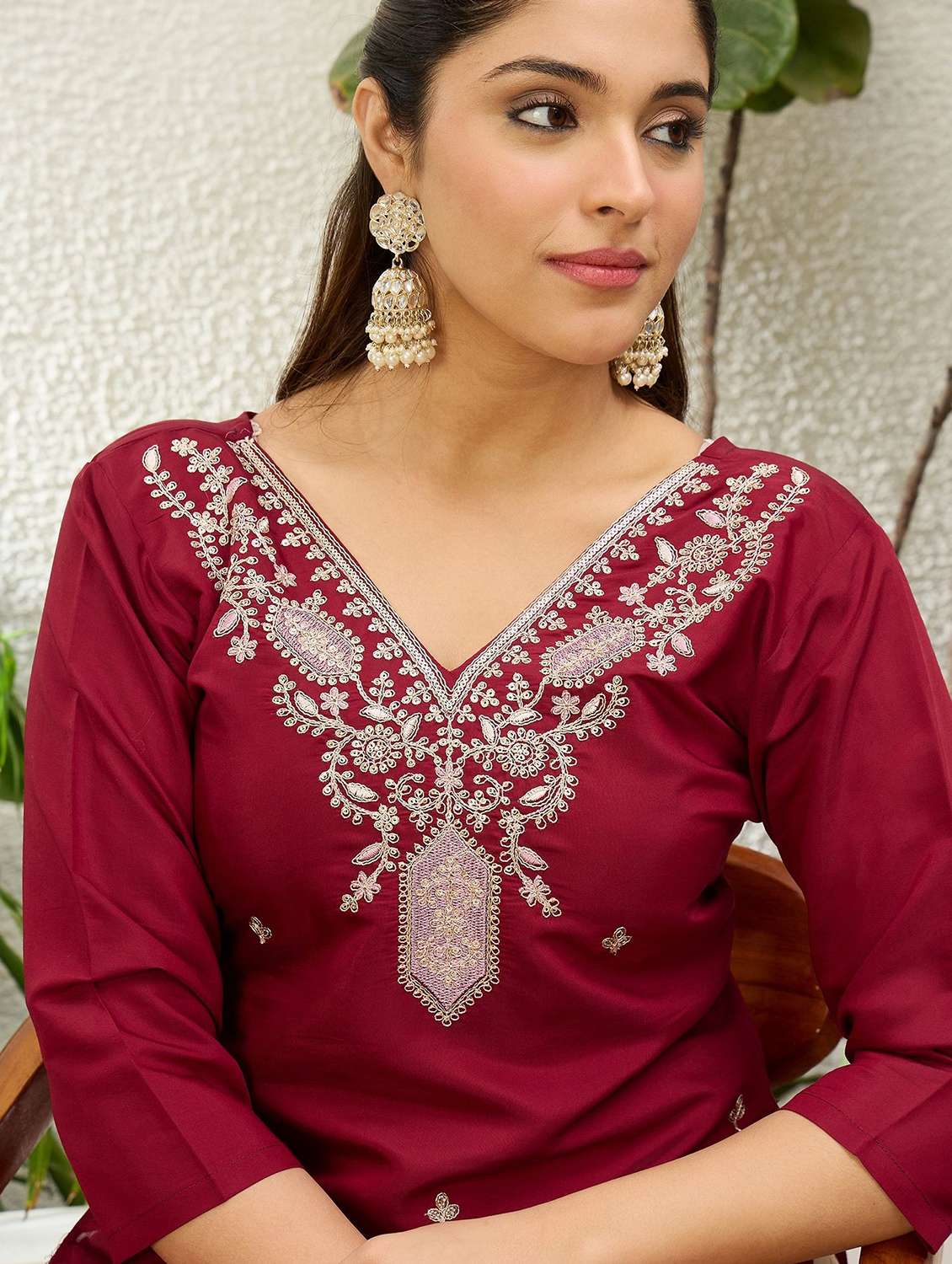 women solid with work three quarter sleeve straight kurta - 22639728 -  Standard Image - 1
