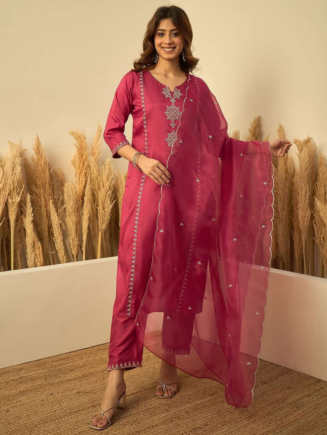 women solid with work three quarter sleeve kurta pant with dupatta set