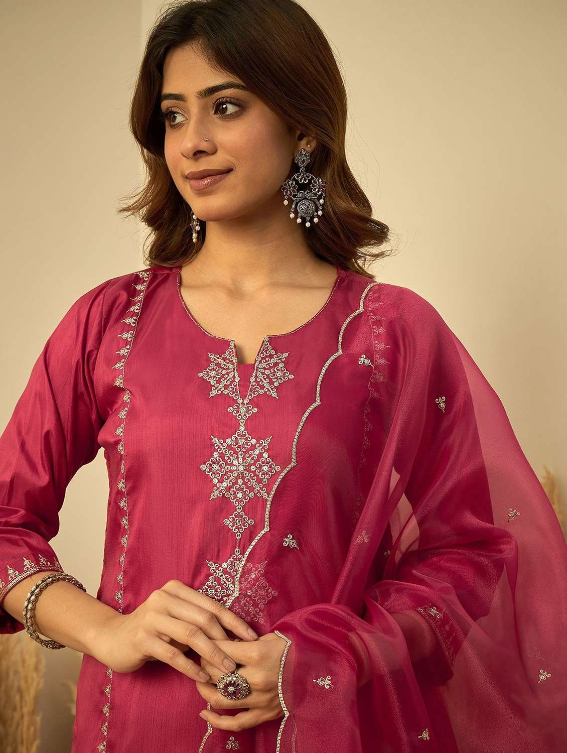 Women Solid With Work Three Quarter Sleeve Kurta Pant With Dupatta Set - 22639734 -  Standard Image - 1