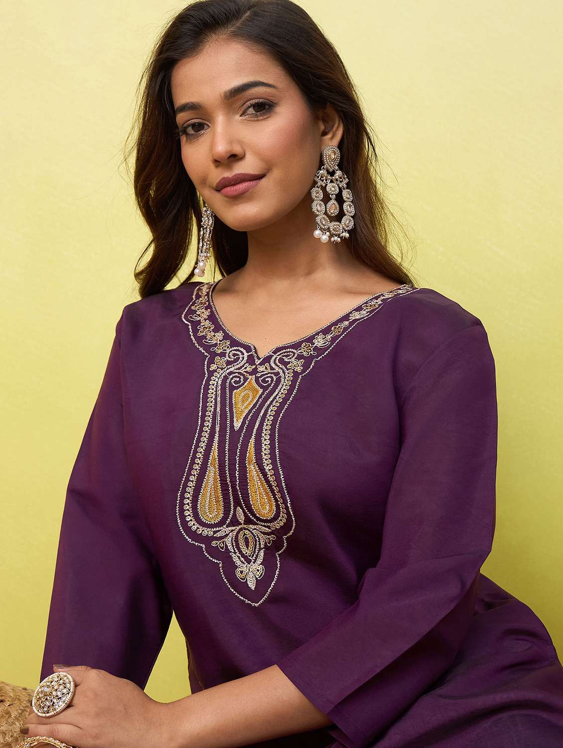 women solid with work three quarter sleeve straight kurta - 22639736 -  Standard Image - 1