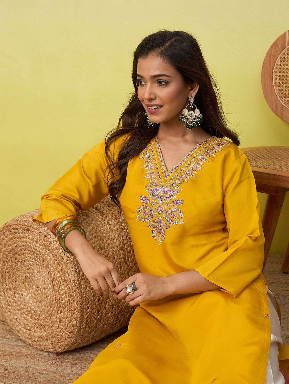 women solid with work three quarter sleeve straight kurta - 22639738 -  Standard Image - 1