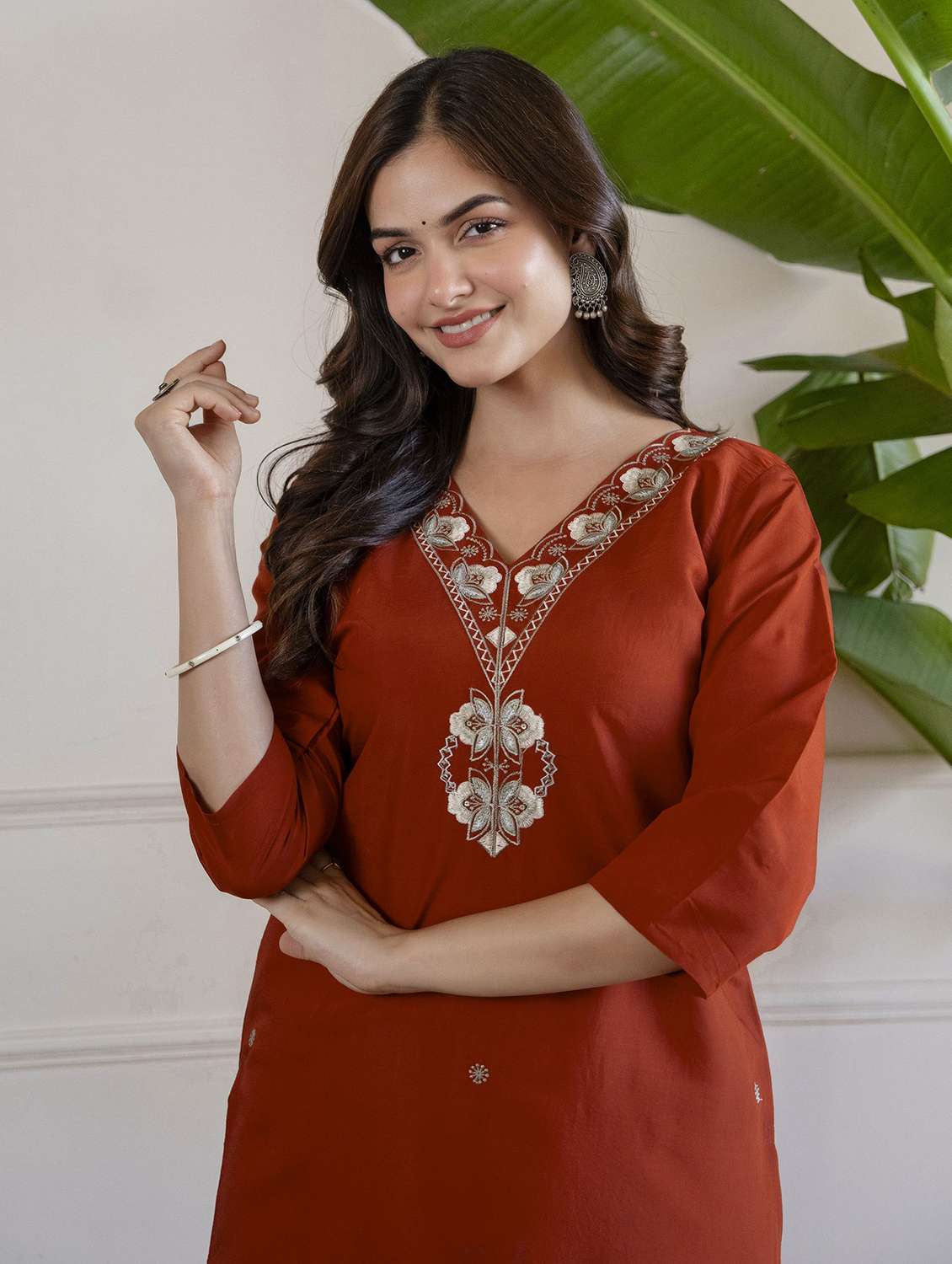 women solid with work three quarter sleeve straight kurta - 22639739 -  Standard Image - 1