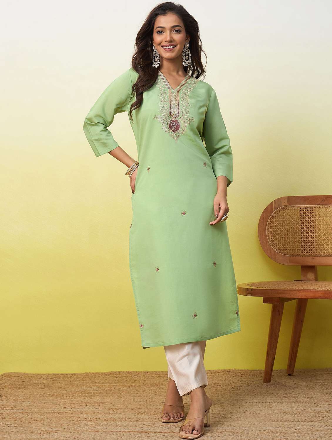 women solid with work three quarter sleeve straight kurta
