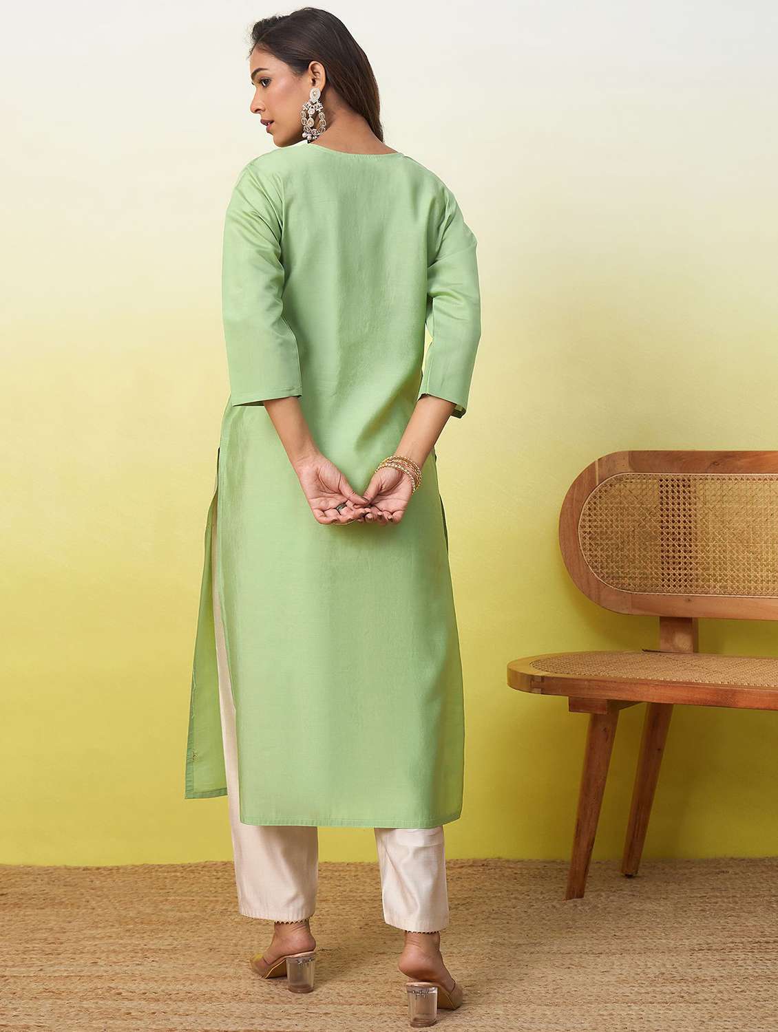 women solid with work three quarter sleeve straight kurta - 22639740 -  Standard Image - 4