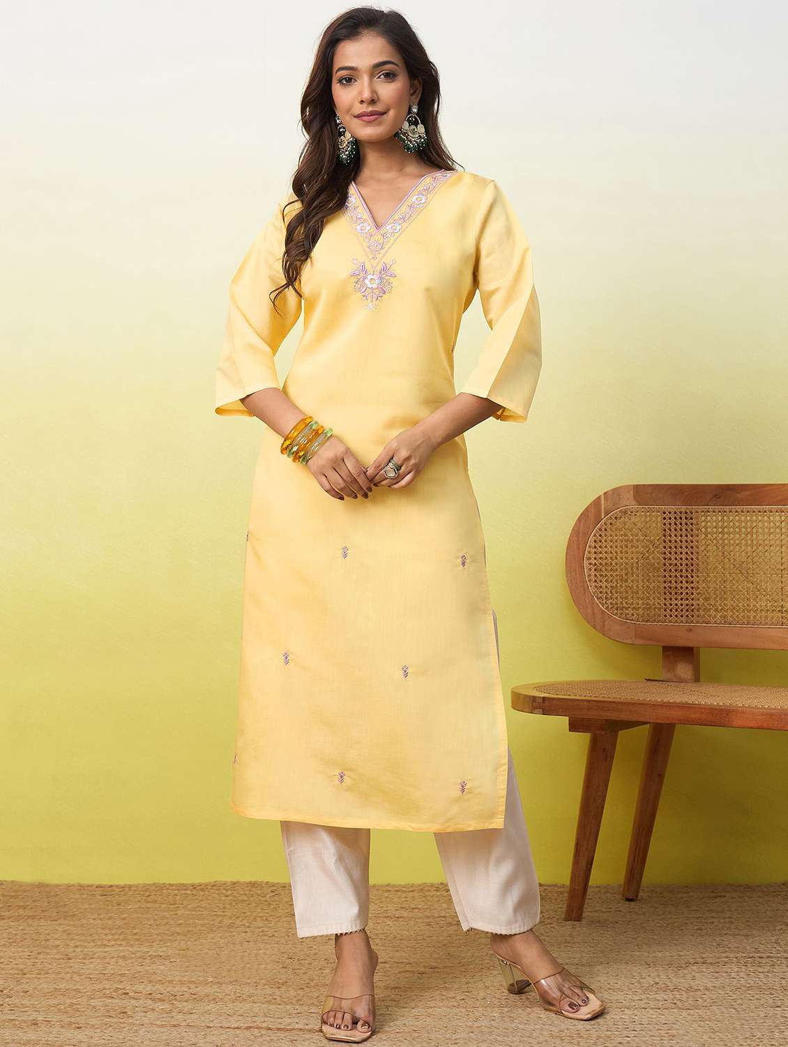 women solid with work three quarter sleeve straight kurta
