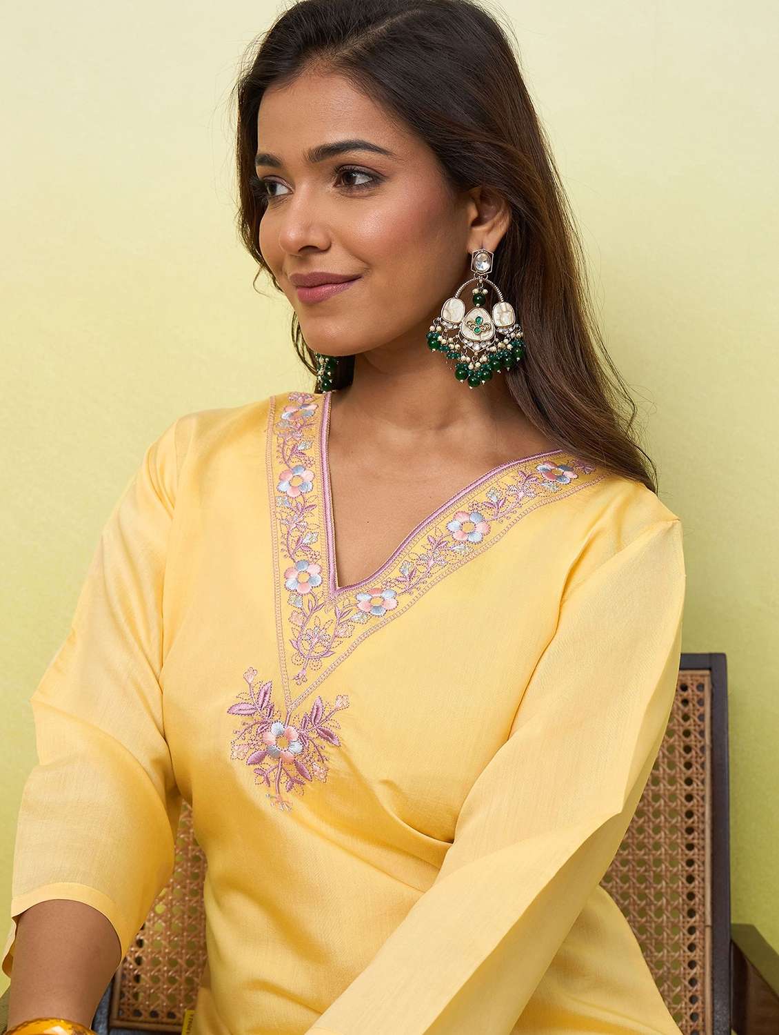 women solid with work three quarter sleeve straight kurta - 22639742 -  Standard Image - 1