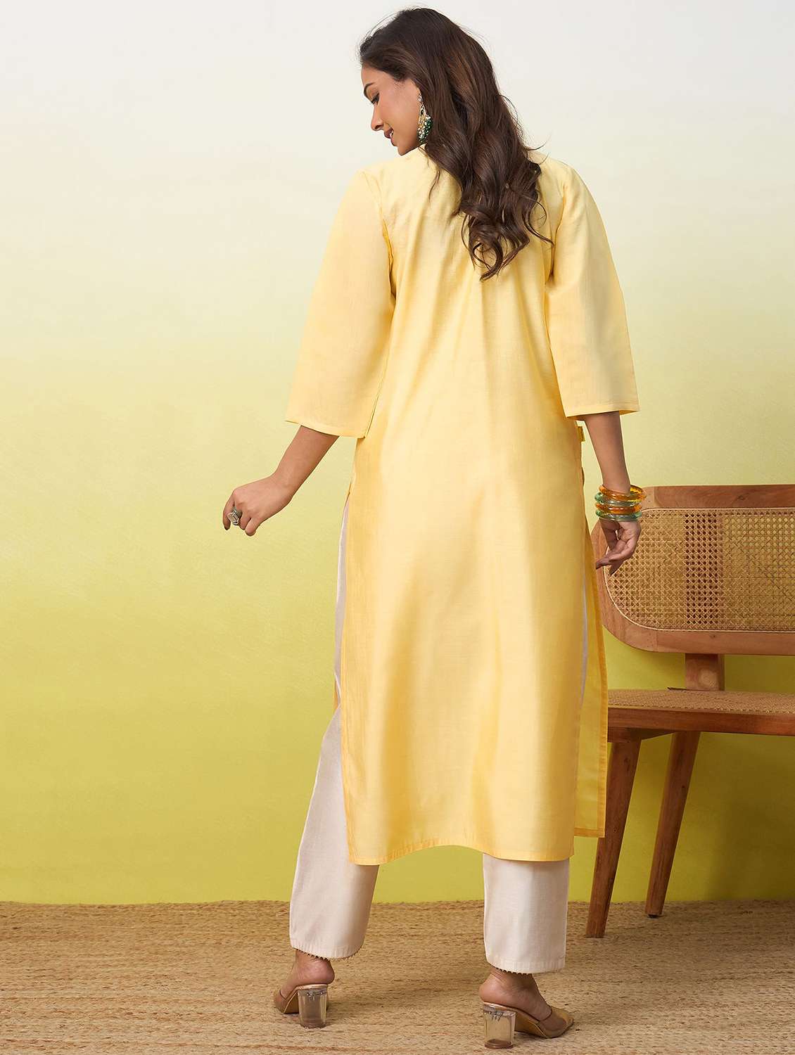 women solid with work three quarter sleeve straight kurta - 22639742 -  Standard Image - 4