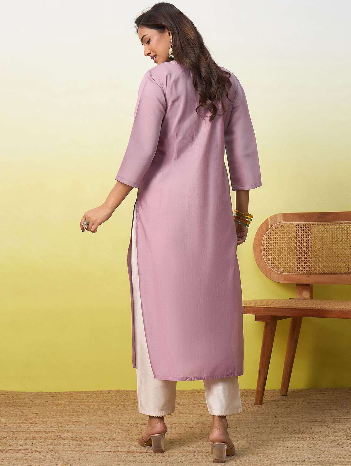 women solid with work three quarter sleeve straight kurta - 22639743 -  Standard Image - 4