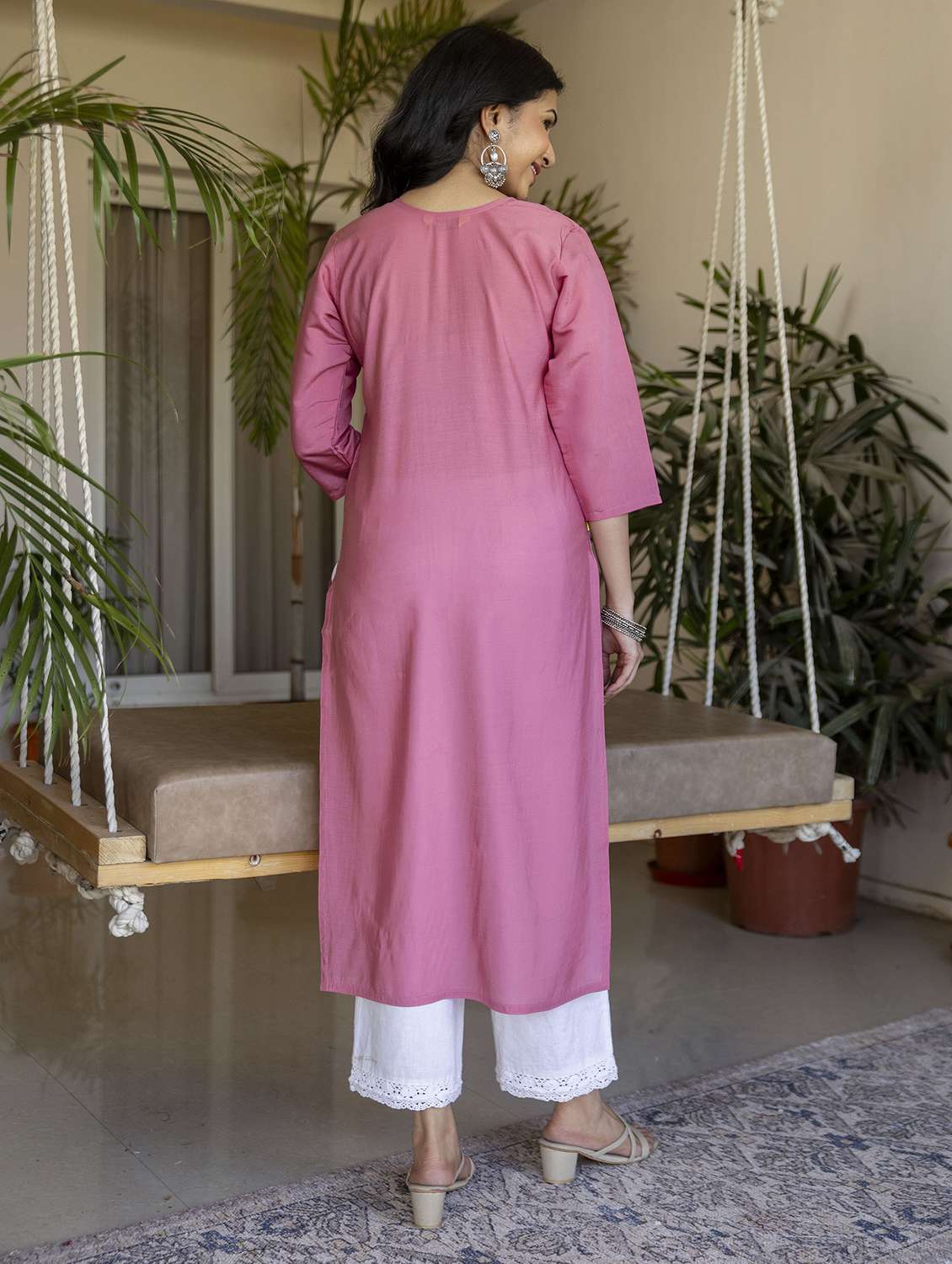 women solid with work three quarter sleeve straight kurta - 22639744 -  Standard Image - 4
