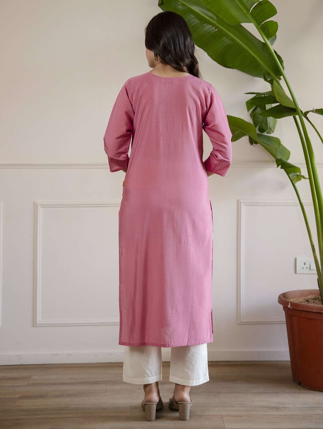 women solid with work three quarter sleeve straight kurta - 22639745 -  Standard Image - 4