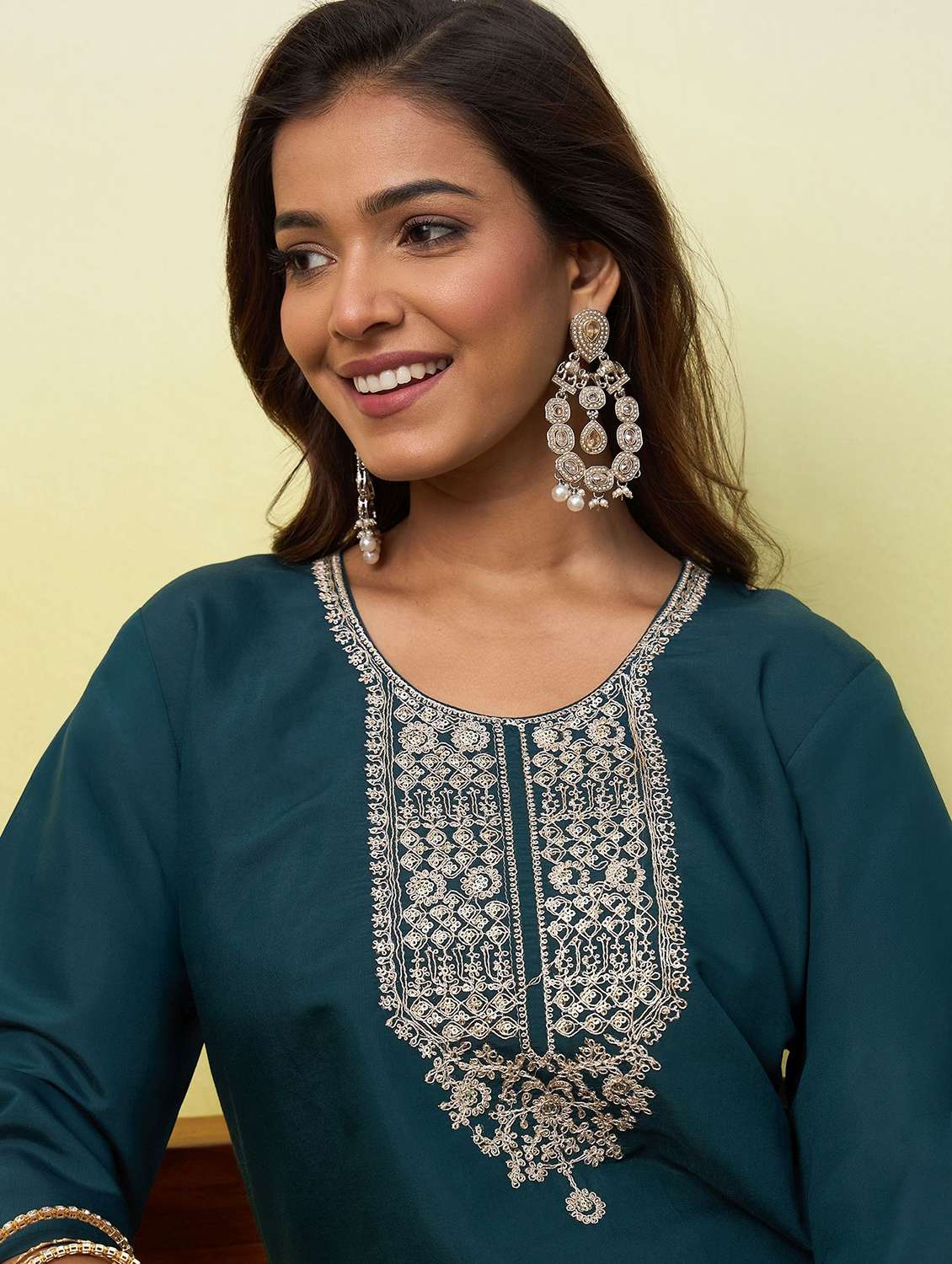 women solid with work three quarter sleeve straight kurta - 22639746 -  Standard Image - 1