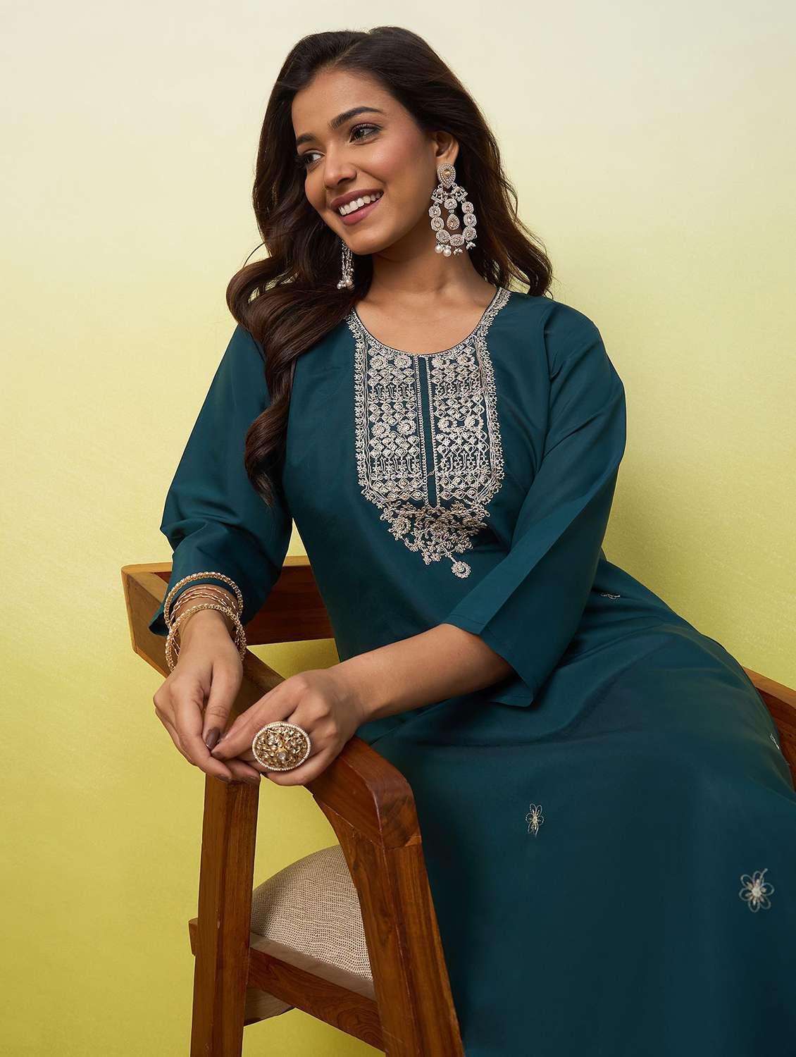 women solid with work three quarter sleeve straight kurta - 22639746 -  Standard Image - 4