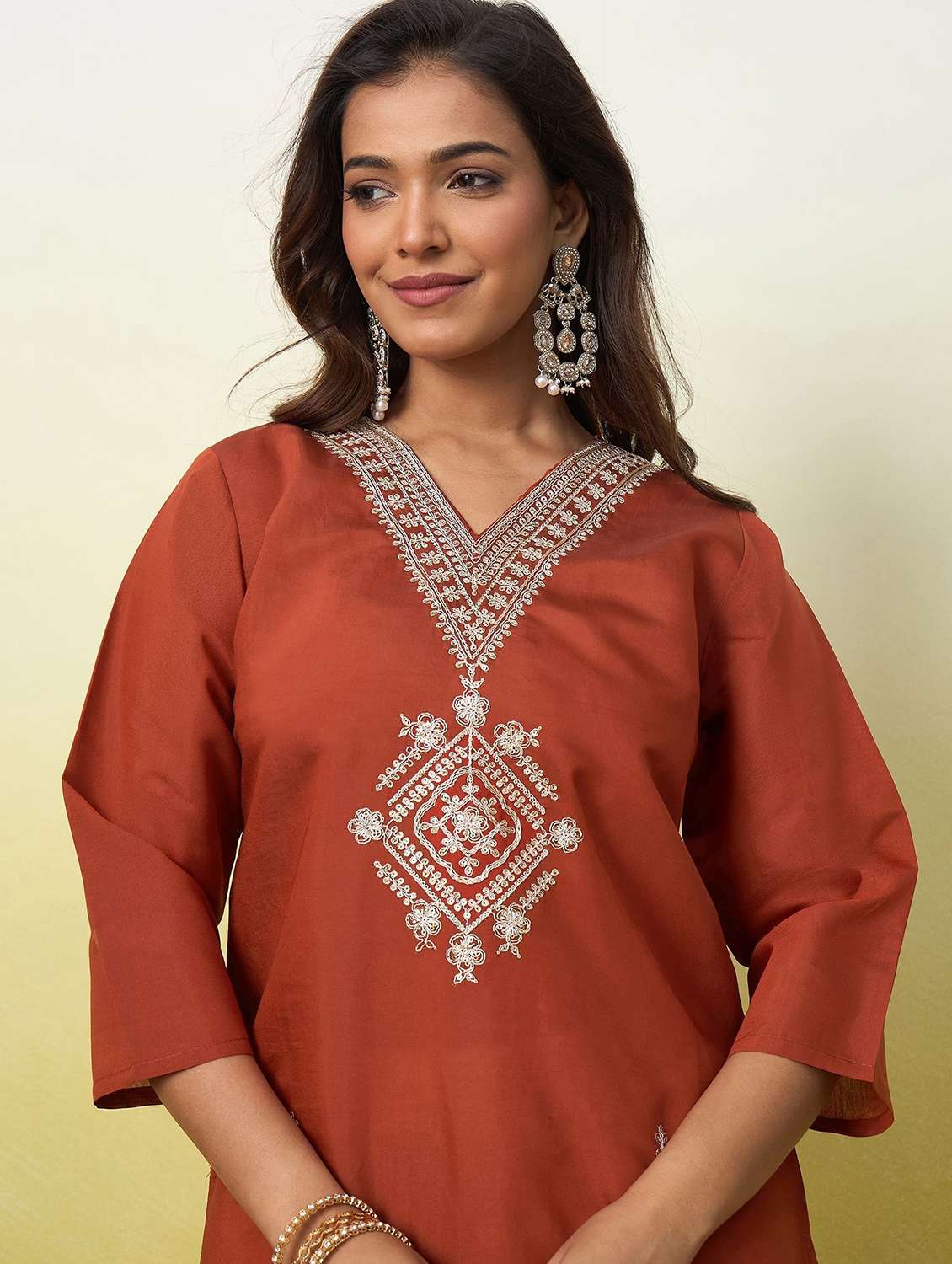 women solid with work three quarter sleeve straight kurta - 22639747 -  Standard Image - 1