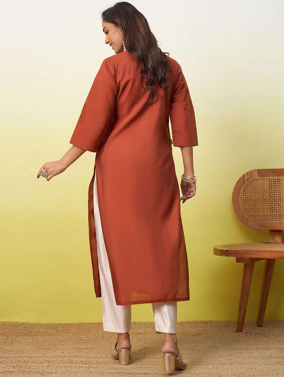 women solid with work three quarter sleeve straight kurta - 22639747 -  Standard Image - 4