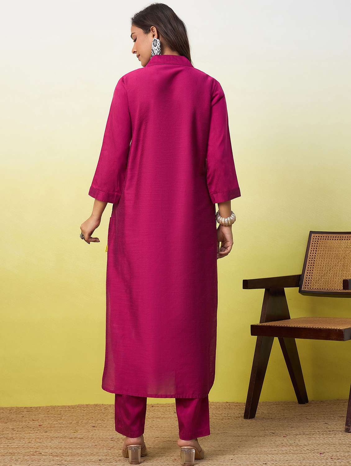 women solid three quarter sleeve kurta pant set - 22639754 -  Standard Image - 4