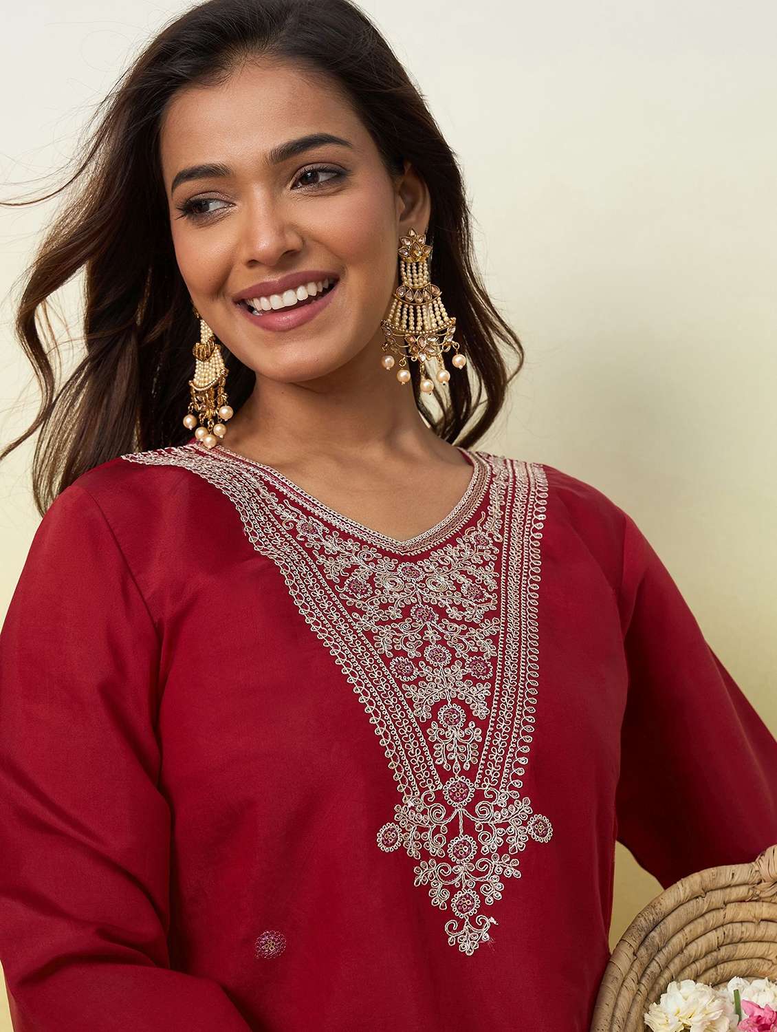 women solid with work three quarter sleeve straight kurta - 22639759 -  Standard Image - 1