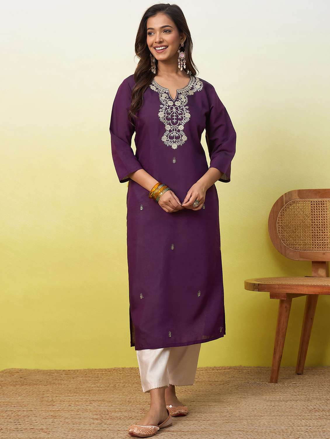 women solid with work three quarter sleeve straight kurta
