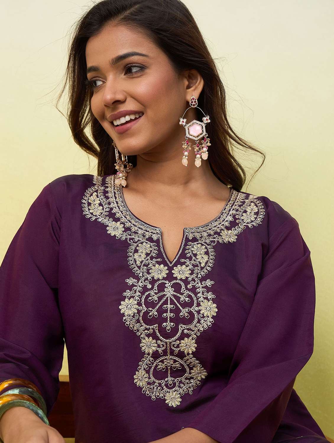 women solid with work three quarter sleeve straight kurta - 22639760 -  Standard Image - 1