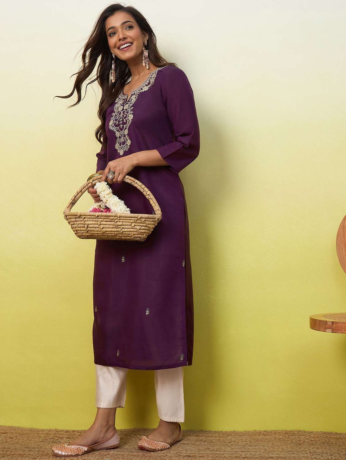 women solid with work three quarter sleeve straight kurta - 22639760 -  Standard Image - 4