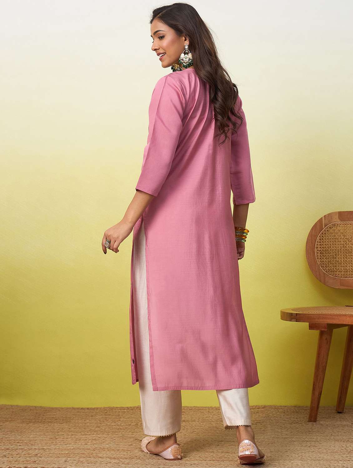 women solid with work three quarter sleeve straight kurta - 22639761 -  Standard Image - 4