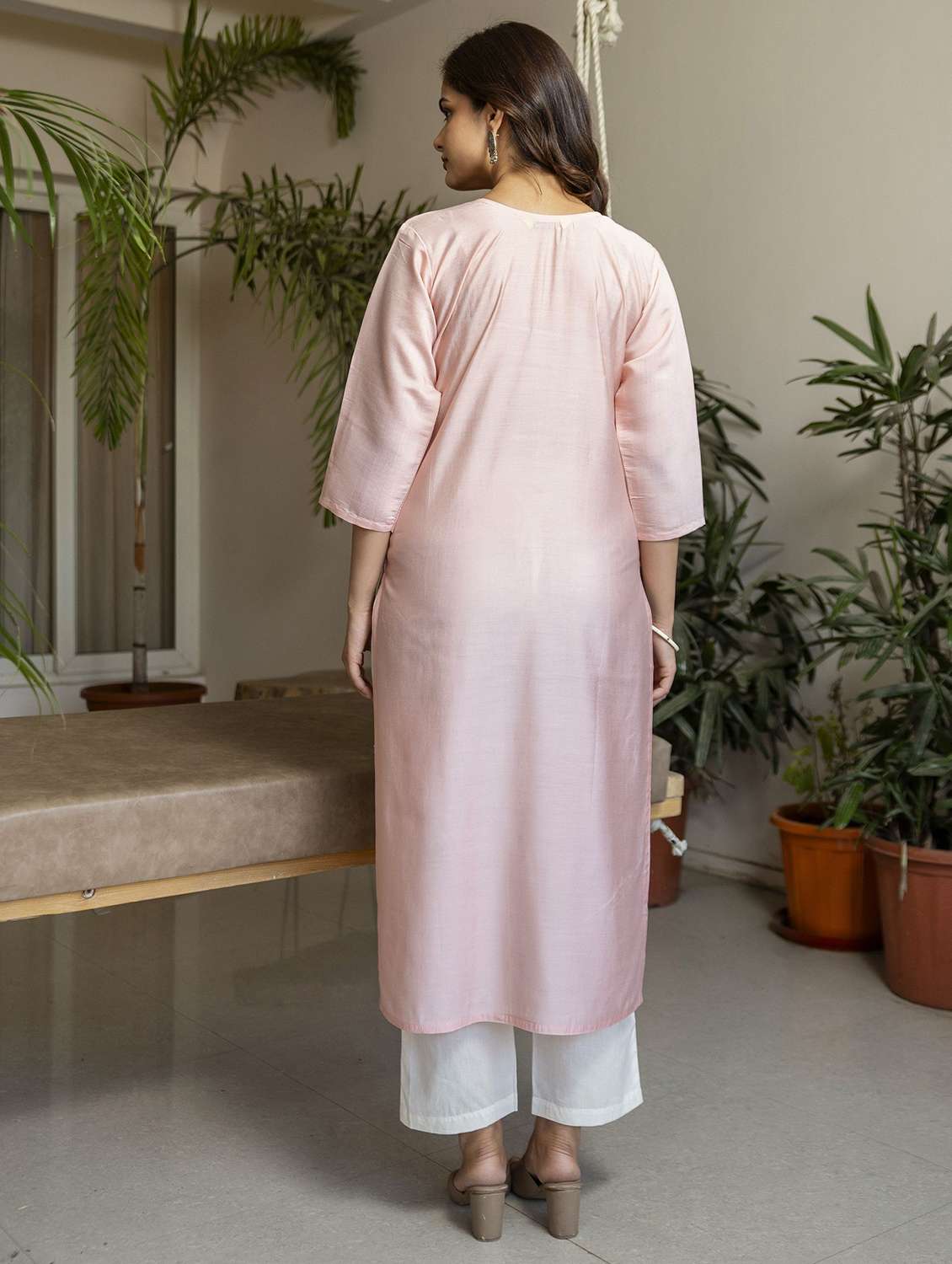 women solid with work three quarter sleeve straight kurta - 22639762 -  Standard Image - 4