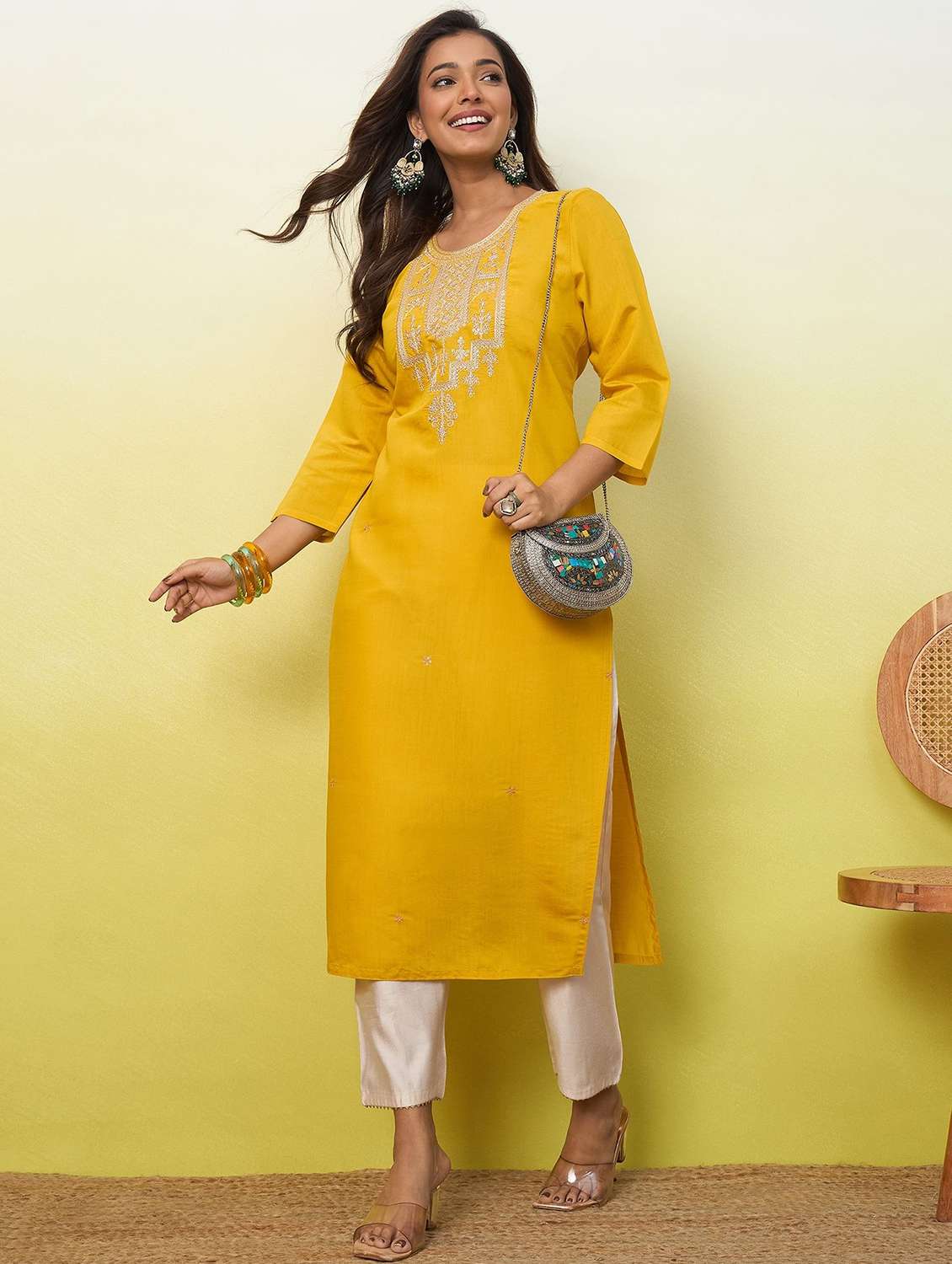 women solid with work three quarter sleeve straight kurta