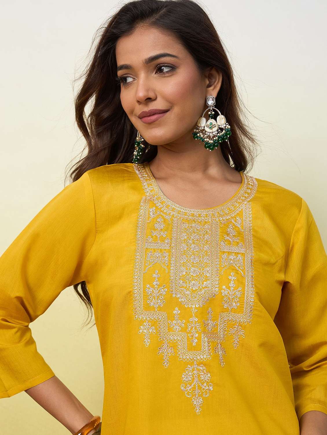 women solid with work three quarter sleeve straight kurta - 22639764 -  Standard Image - 1